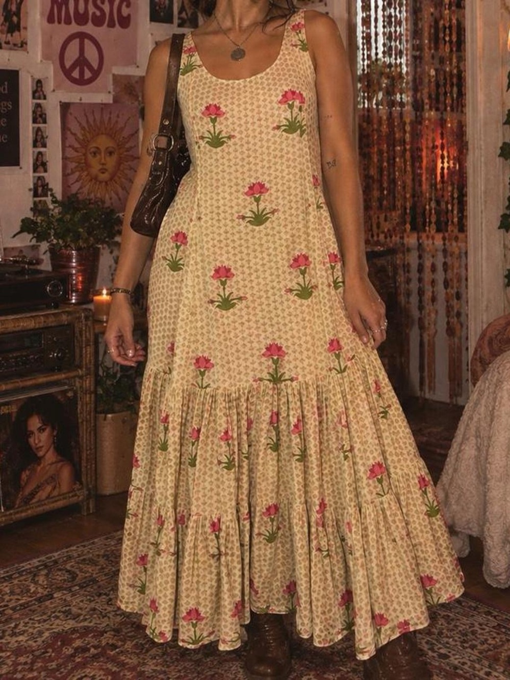 Vintage Boho Euro Yellow Floral Maxi Dress